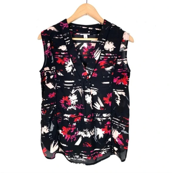 Halogen Floral‎ Lightweight V-Neck Professional Blouse Sleeveless Flattering - Picture 2 of 16